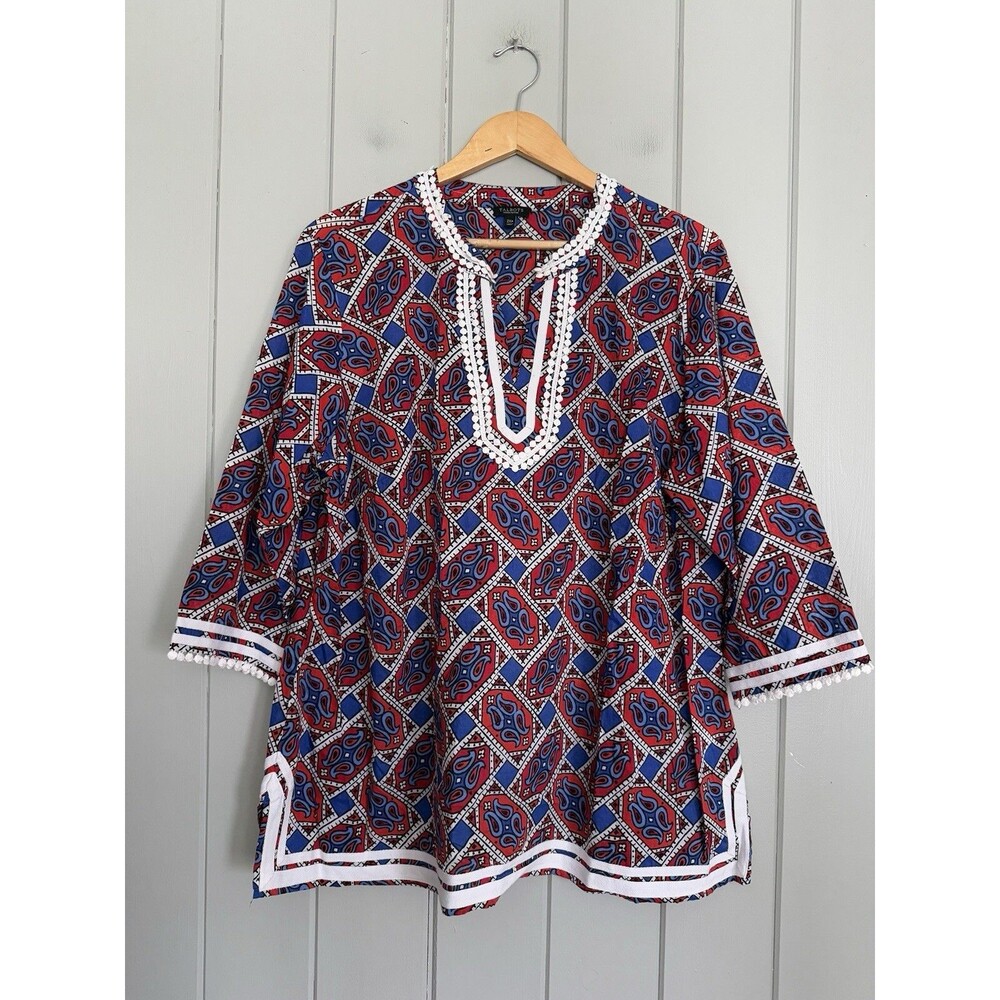 Talbots Woman Tunic Top 2XP Petite Red Blue V-Neck Paisley Boho Cotton Poplin